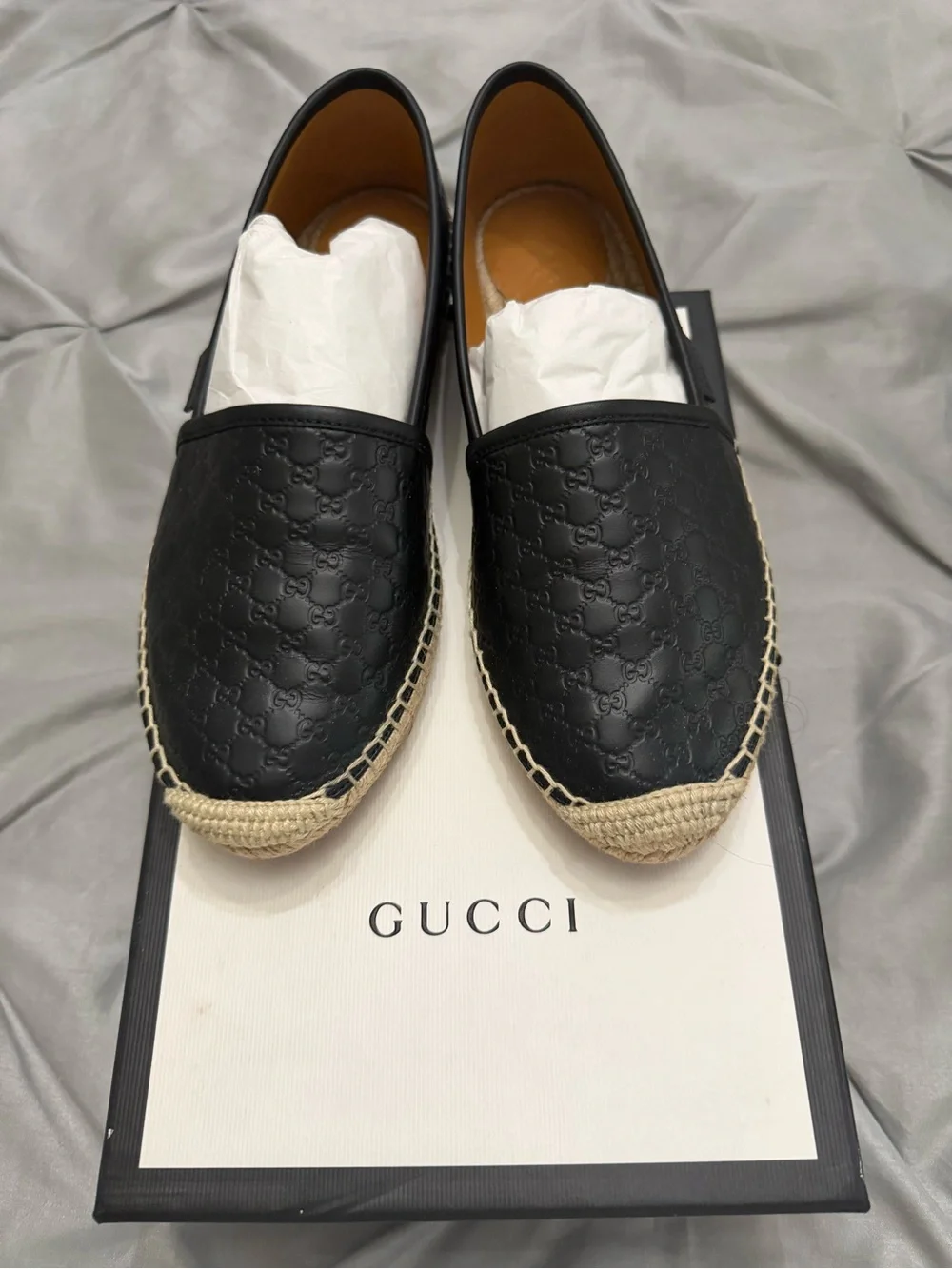 Gucci Black Embossed Leather Espadrille Slip-Ons